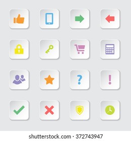 colorful flat miscellaneous icon set 2 on white rounded rectangle button with soft shadow for web design, user interface (UI), infographic and mobile application (apps)