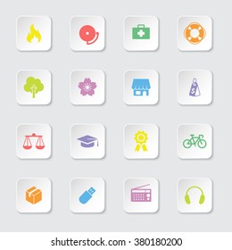 colorful flat miscellaneous icon set 6 on white rounded rectangle button with soft shadow for web design, user interface (UI), infographic and mobile application (apps)