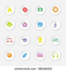 colorful flat miscellaneous icon set 6 on white circle button with soft shadow for web design, user interface (UI), infographic and mobile application (apps)
