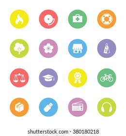 colorful flat miscellaneous icon set 6 on circle for web design, user interface (UI), infographic and mobile application (apps)