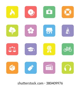 colorful flat miscellaneous icon set 6 on rounded rectangle for web design, user interface (UI), infographic and mobile application (apps)