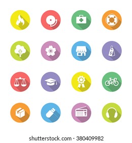colorful flat miscellaneous icon set 6 on circle with long shadow for web design, user interface (UI), infographic and mobile application (apps)
