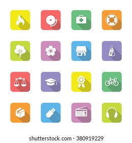 colorful flat miscellaneous icon set 6 on rounded rectangle with long shadow for web design, user interface (UI), infographic and mobile application (apps)