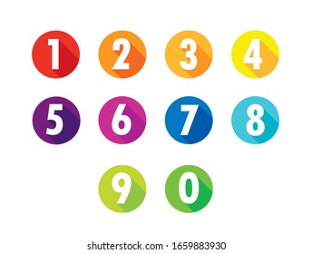 Colorful Flat Number Icons Long Shadow  From Zero to Nine , Number Flat  Design, Number Set vector illustration .