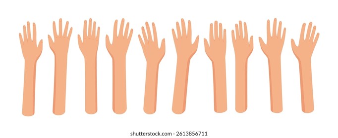 Colorful flat open hand set with raised human gestures. Open bare hands symbolize solidarity, community, and support. Bright and diverse concept perfect for promoting teamwork aid. Ideal for banners,
