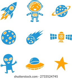 Coloridos iconos planos del espacio exterior con astronauta y planetas