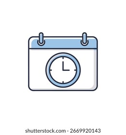 Ein farbiges, flaches Konturvektorsymbol eines Kalenders mit einer Uhr. Diese Grafik symbolisiert Zeitmanagement, Terminplanung, Veranstaltungsplanung und Termintreue.