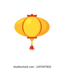 Colorful flat paper street Chinese lantern. Holiday decorative graphic design element. Hanging light with fringe. China festive decor object isolated on white background. Vector illustration.