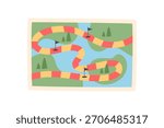 Colorful flat path board game map. Simple puzzle layout with winding snake route in vibrant colors. Engaging recreation for boardgame fun, play, and table entertainment activities.
