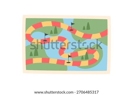 Colorful flat path board game map. Simple puzzle layout with winding snake route in vibrant colors. Engaging recreation for boardgame fun, play, and table entertainment activities.