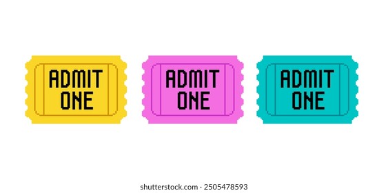 Colorful Flat Pixel Ticket icon. Vector tickets in 8-bit retro game style isolated on whithe backgound. Cinema ticket, offer icon, discount coupon. Simple promo ticket pixel icon. Geek style coupo