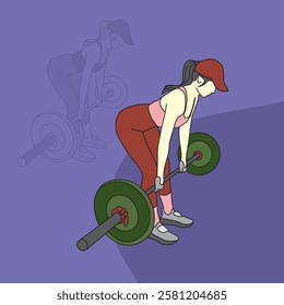 Colorful flat pop up vector illustration of Woman Lifting Weights, gym workout