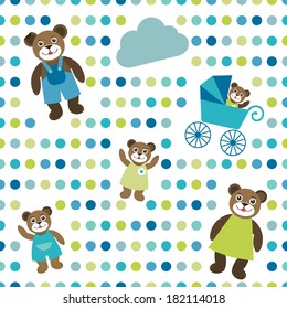 Colorful flat repeat wall paper polka dot with bear family design. 