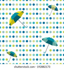 Colorful flat repeat wall paper polka dot design. Dancing umbrellas.