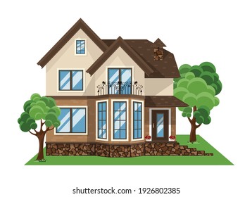 Colorful Flat Residential House. Village house. House front cartoon vector illustrations