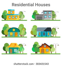 Colorful Flat Residential Houses. Houses set with trees and lampposts.