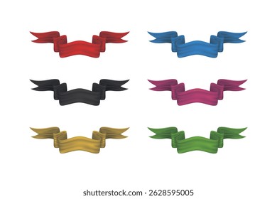 Colorful flat ribbon set with six curved banners for decoration, labels, posters, or graphic elements.