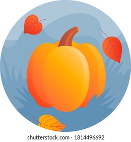 Colorful flat round shaped illustration of a orange pumpkin standing in the grass with fall leaves around.