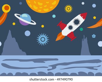 Colorful flat seamless landscape with outer space adventure. Vector background - rockets, stars and planets. Cartoon design for kids. It can be used for create videos or web graphics, user interface.