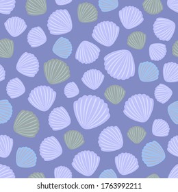 Colorful flat seashells on purple background. Seamless sea underwater summer pattern. Suitable for packaging, textile.