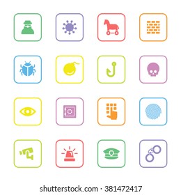 colorful flat security icon set 6 with rounded rectangle frame for web design, user interface (UI), infographic and mobile application (apps)