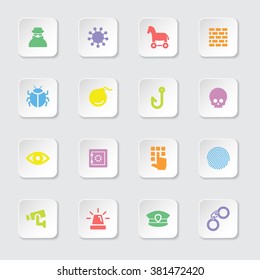 colorful flat security icon set 6 on rounded rectangle white button with soft shadow for web design, user interface (UI), infographic and mobile application (apps)