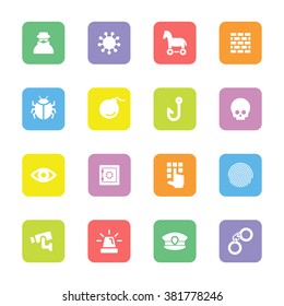 colorful flat security icon set 7 on rounded rectangle for web design, user interface (UI), infographic and mobile application (apps)