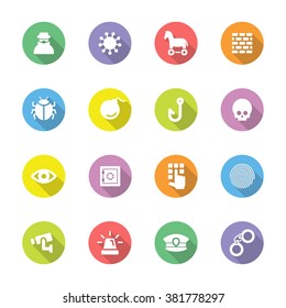 colorful flat security icon set 7 on circle with long shadow for web design, user interface (UI), infographic and mobile application (apps)