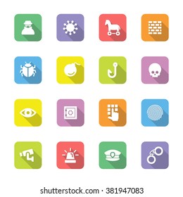 colorful flat security icon set 7 on rounded rectangle with long shadow for web design, user interface (UI), infographic and mobile application (apps)