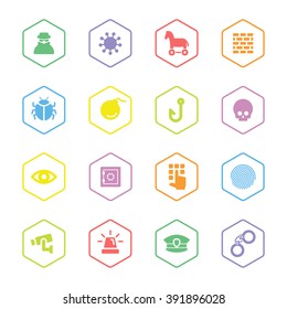 colorful flat security icon set with hexagon frame for web design, user interface (UI), infographic and mobile application (apps)
