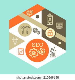 colorful flat seo hexagonal template. flat icon template