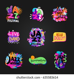 Colorful flat set of bright jazz festival themes isolated on blackboard background vector illustration