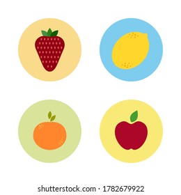 Colorful flat set of fruit and berry on white isolated background. Strawberry, lemon, orange, apple. Suitable for web, poster, banner, menu design, postcard.