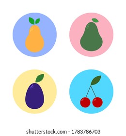 Colorful flat set of fruit and berry on white isolated background. Pear, avocado, plum and cherry. Suitable for web, poster, banner, menu design, postcard.