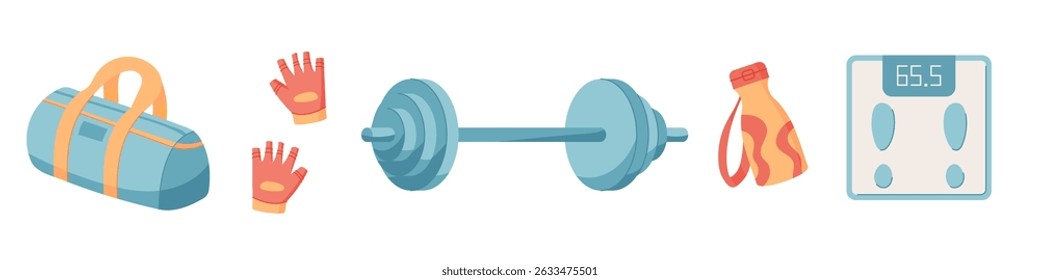 Colorful flat set of gym equipment. Essential workout accessories including dumbbell, training bag, and scale for fitness and health. Background for sport active lifestyle with vibrant design.