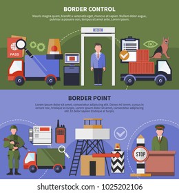 Colorful flat set of horizontal banners with border control service and guard equipment isolated vector illustration