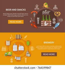 Colorful flat set of horizontal banners with brewery stages and different beer snacks isolated vector illustration