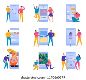 Colorful flat set with phone interaction and technical support icons isolated on white background vector illustration