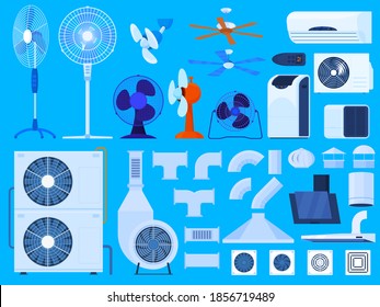 Colorful flat set of ventilation conditioning and heating system equipment isolated vector illustration