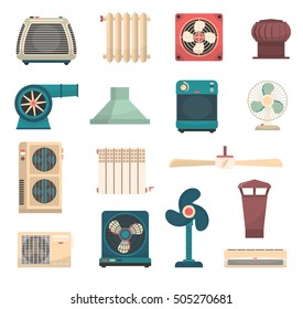 Colorful flat set of ventilation conditioning and heating system equipment isolated vector illustration