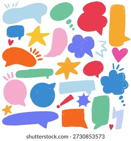Colorful flat speech bubbles set with hand drawn shapes. Doodle symbols and icons for social media, communication, messages and creative design.