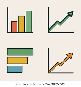 Colorful Flat Style Bar and Line Chart Icons Featuring Green, Yellow, Red, and Blue Elements for Data Analytics