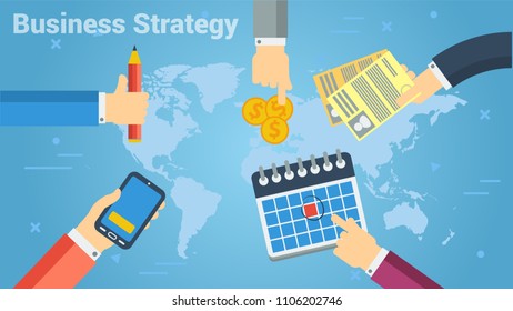 Colorful flat style of business strategy of people working in team and helping each other