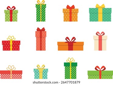 Colorful Flat Style Christmas Gift Box Collection with Ribbons for Holiday Decoration and Greeting Card Design