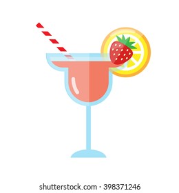 Colorful flat style cocktail in a glass decorated with lemon and strawberry. Bar menu, drinks menu. Vector illustration isolated on white background.