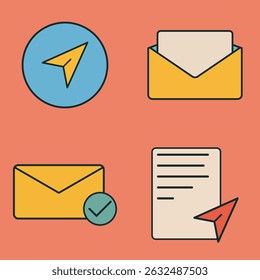 Iconos planos coloridos del correo electrónico y del avión de papel del estilo plano en el fondo del coral con los Elementos azules y amarillos
