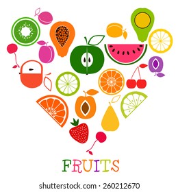 Colorful flat style fruits, arranged in a heart shape
