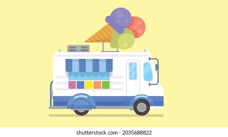 Colorful Flat style Ice Cream Truck. mobile shop, Ice cream van. Ice cream street food caravan trailer, Vector illustration.
