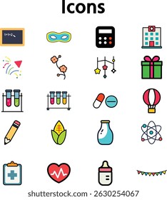 Colorful flat style icon set for education, science, and health