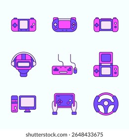 A colorful flat style illustration of modern gaming devices including handheld consoles, desktop gaming setup, virtual reality headset, steering controller, gaming keyboard, tablet gamepad